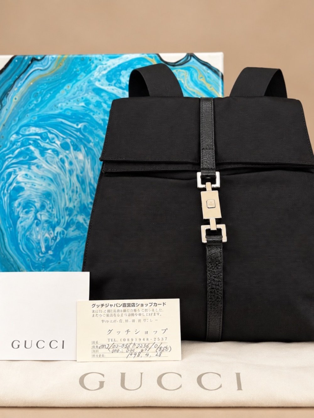 Gucci Jackie Vintage Black Nylon Leather Backpack Rucksack COA